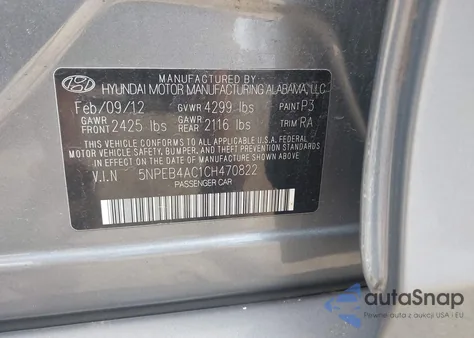 2012 Hyundai Sonata Gls из США, поврежденный, VIN 5NPEB4AC1CH470822